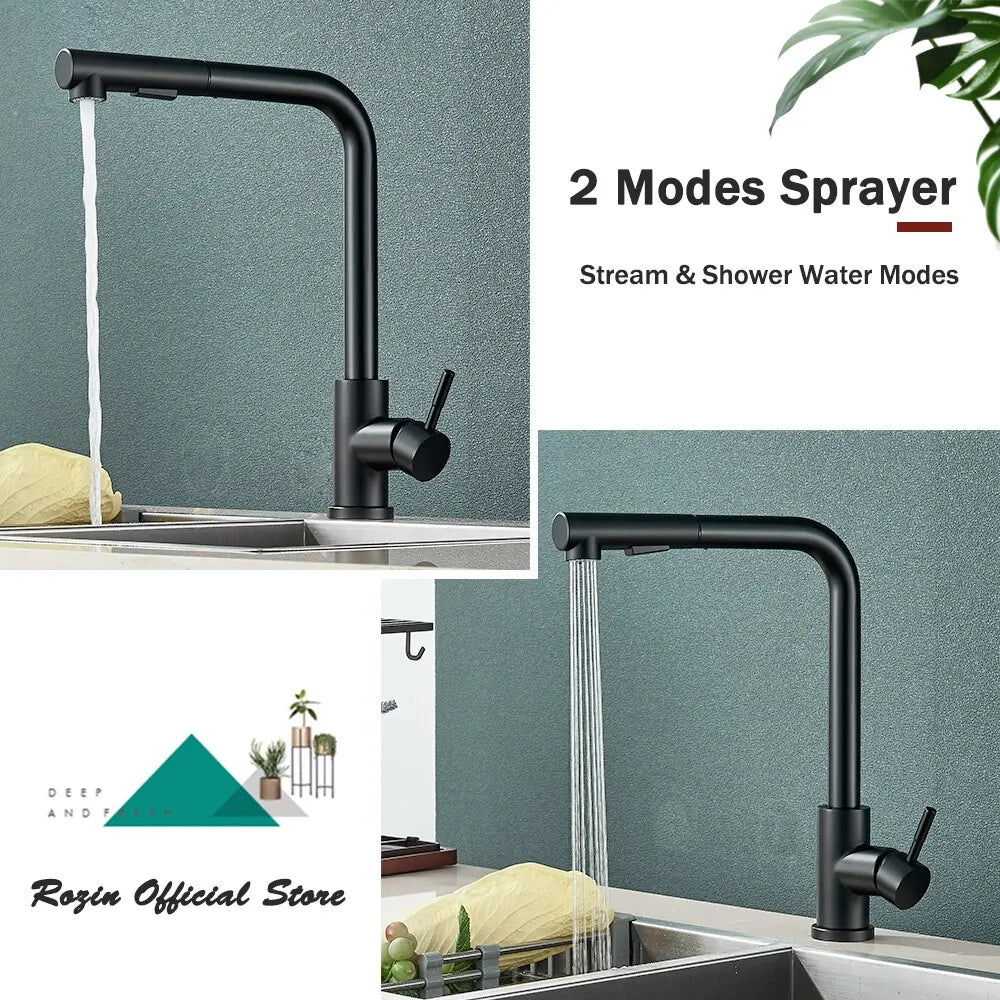 Zwarte uittrekbare keukenkranen - Flexibele 2-modus straal- en spraydouche, roestvrijstalen warm-koud water mengkraan
