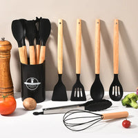 Set Keukengerei Culinora van Siliconen | Hittebestendig tot 230 °C | 12 stuks met Houten Handvatten | Garde, Spatel, Tang en meer