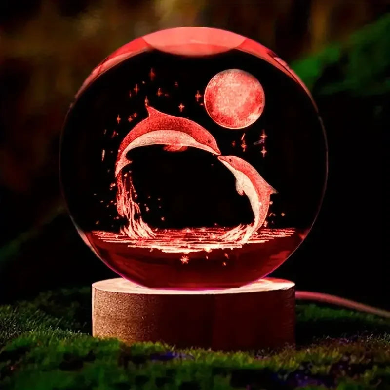 Mariluna Kristallen Bol Dolfijn | 3D-Lasergravure & LED-Basis | Maan- & Zee-motief