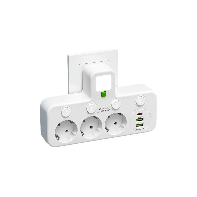 Meervoudige stekkerdoos VOLTRIQ ProLine | 3–4 aansluitingen + 2× USB & 1× Type-C | 2500 W | Overspanningsbeveiliging & controle schakelaar