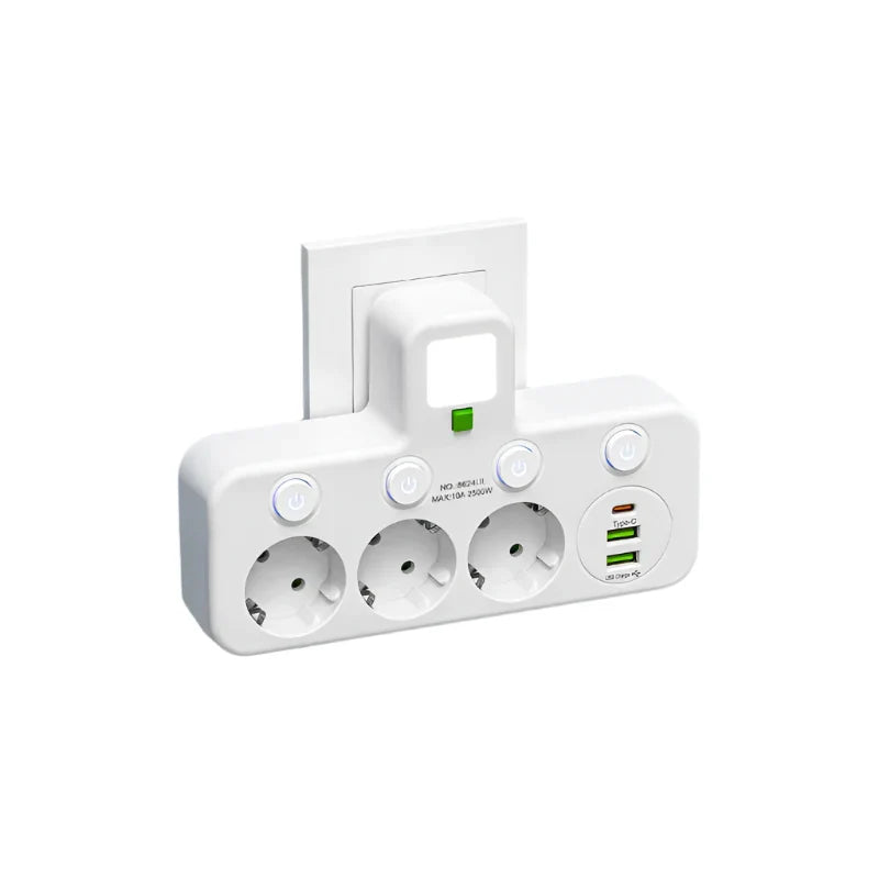 Brehn | Meervoudige stekkerdoos VOLTRIQ ProLine | 3–4 aansluitingen + 2× USB & 1× Type-C | 2500 W | Overspanningsbeveiliging & controle schakelaar