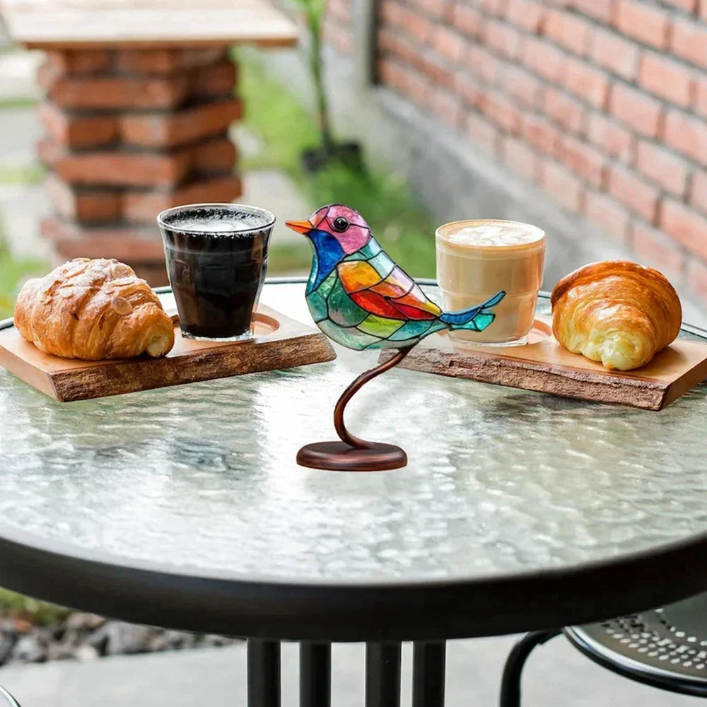 Moderne vogel tafel sculptuur met gekleurd glas en decoratief kunstontwerp