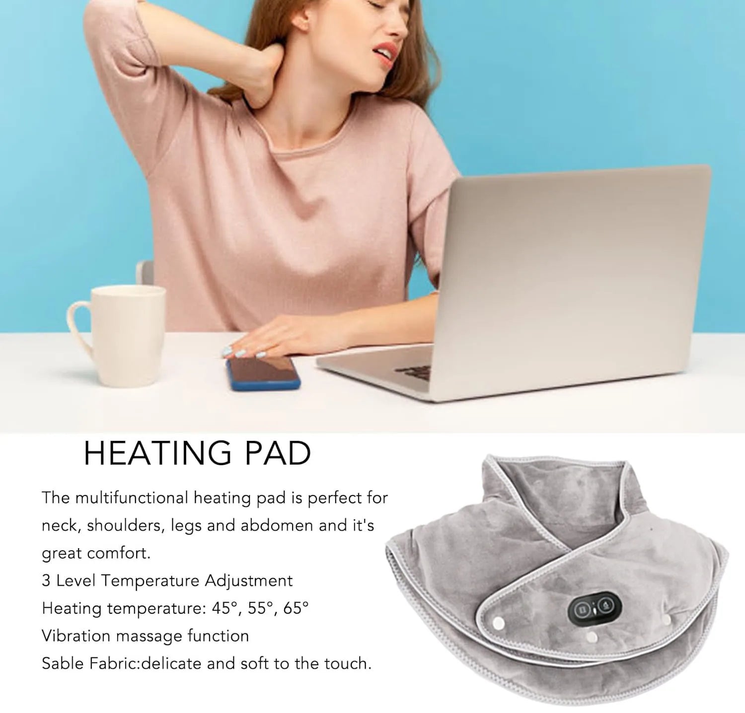 Warmte Nek- & Schoudermassager ThermoLiva | USB-Warmtekussen met Vibratie | 3 Temperatuurstanden & Timer | Zacht Pluche