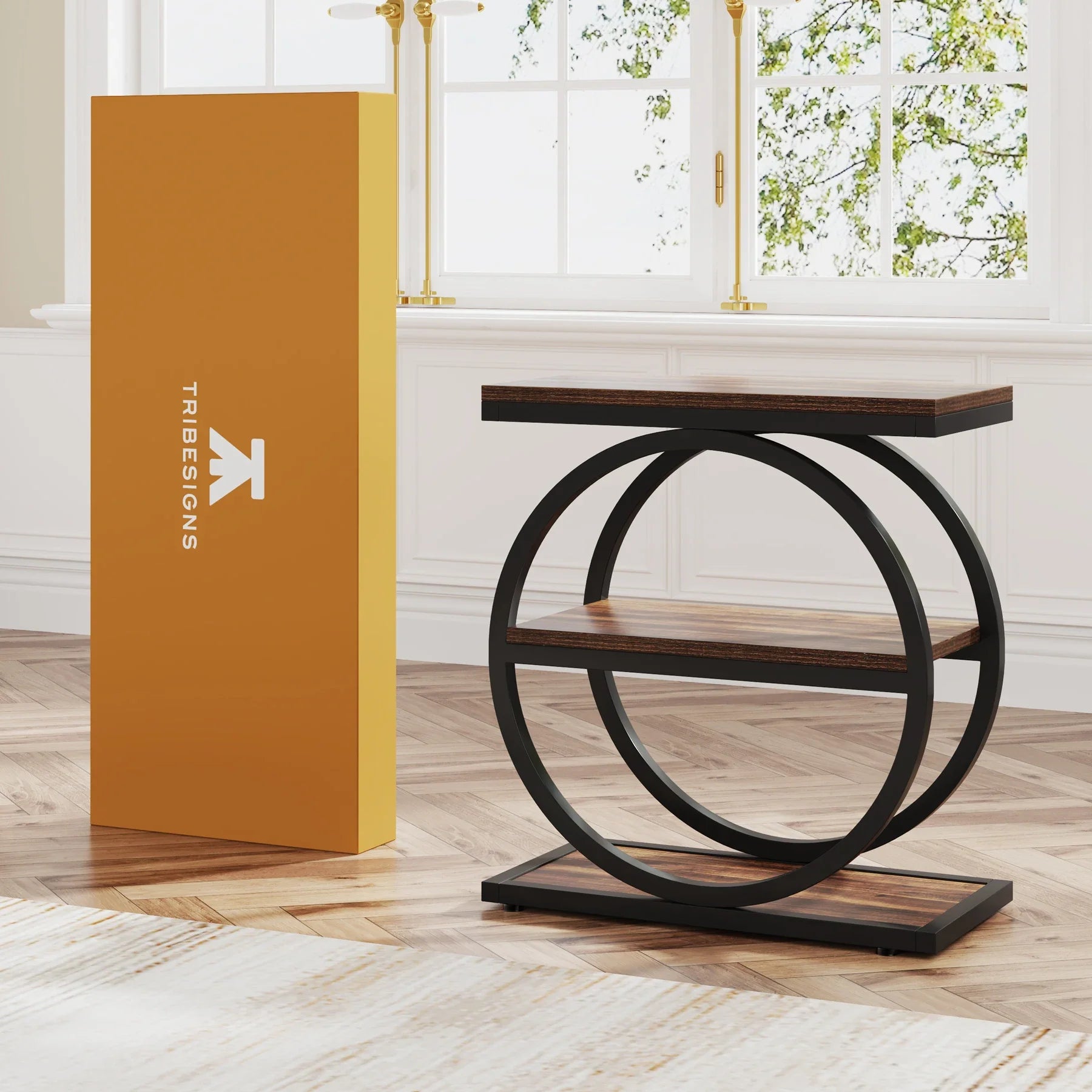 Isyvelra - Industriële Smalle Houten Bijzettafel met 3 Opbergplanken