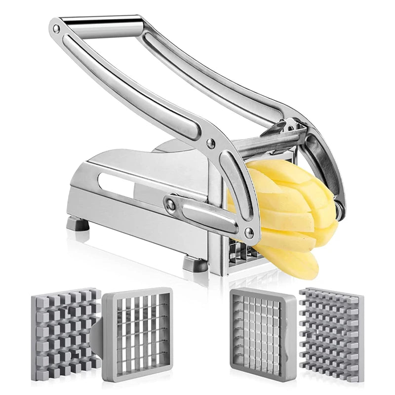 GourmetSlice Elite Potato Cutter | Versatile stainless steel slicer for perfect French fries, crispy potato chips, and efficient meat chopping in your kitchen.