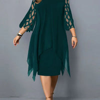 LuxeSilhouette Elegante Avond Midi Jurk | Adembenemend O-hals kantmouw ontwerp voor curvy vrouwen, perfect voor verfijnde feesten in 2024.