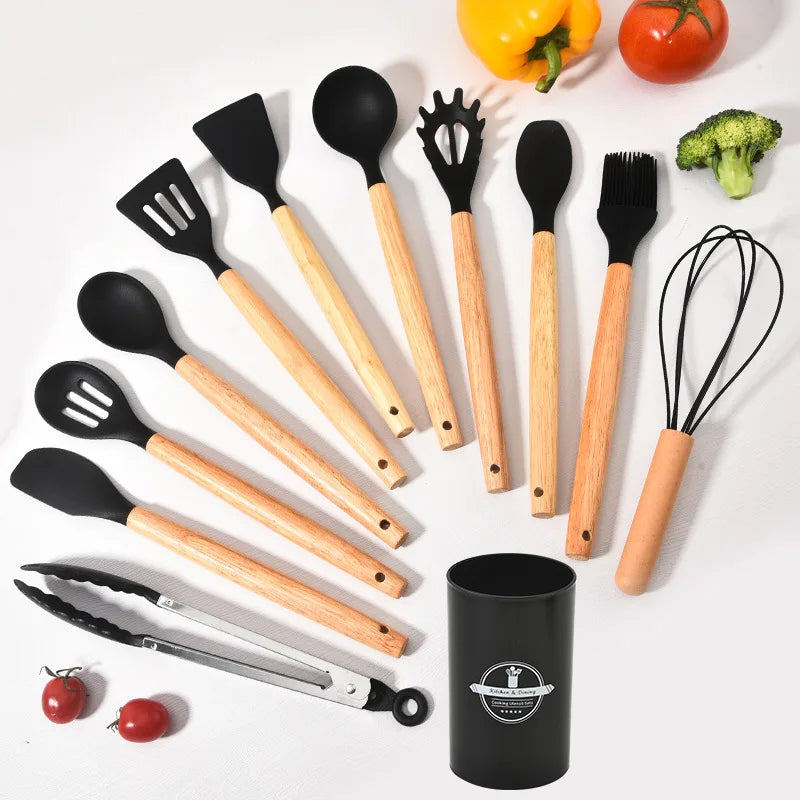 Set Keukengerei Culinora van Siliconen | Hittebestendig tot 230 °C | 12 stuks met Houten Handvatten | Garde, Spatel, Tang en meer