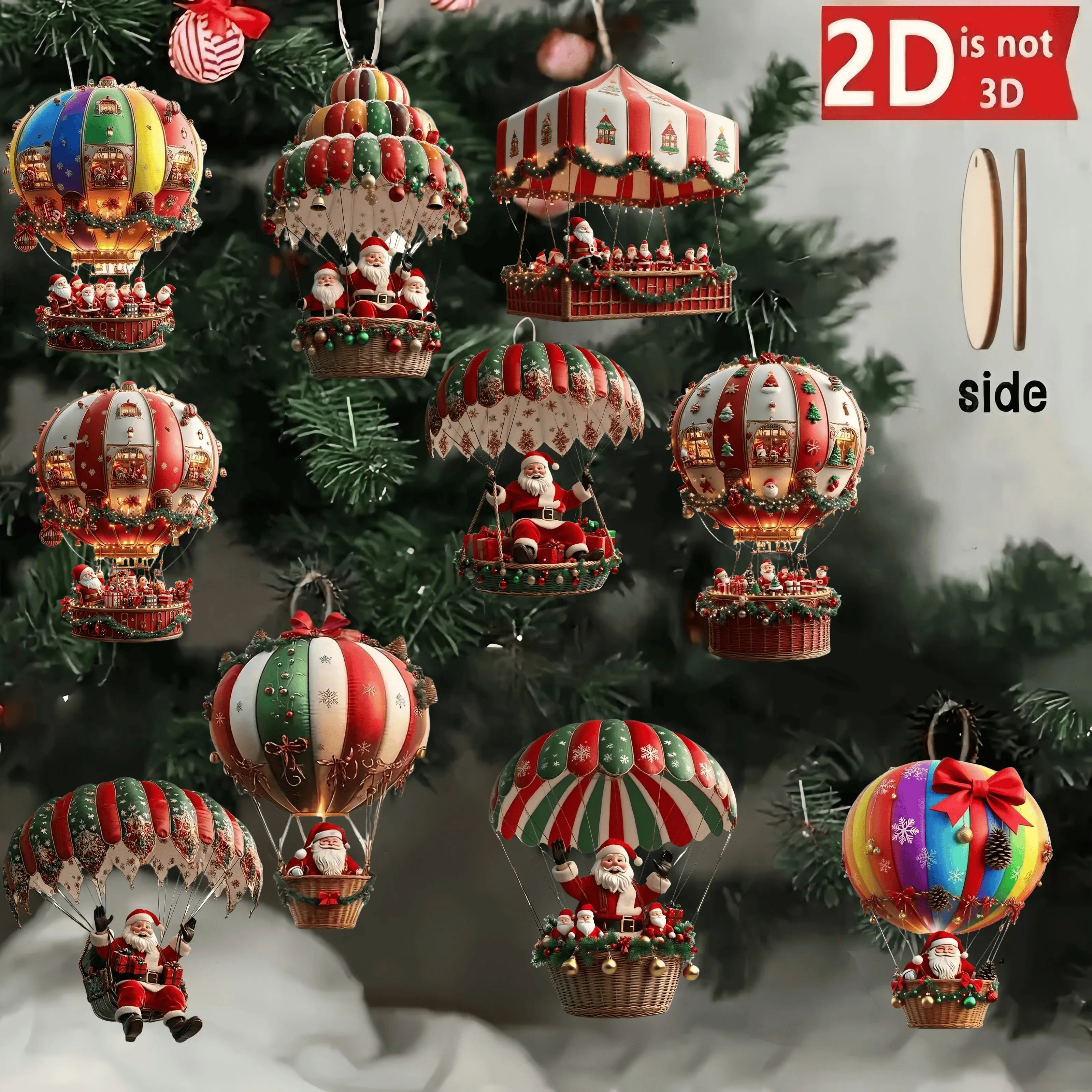 NordicJoy Kersthangertjes: heteluchtballon & kerstman | 10-delige set houten ornamenten | Kerstversiering & decoratie | Cadeau-idee