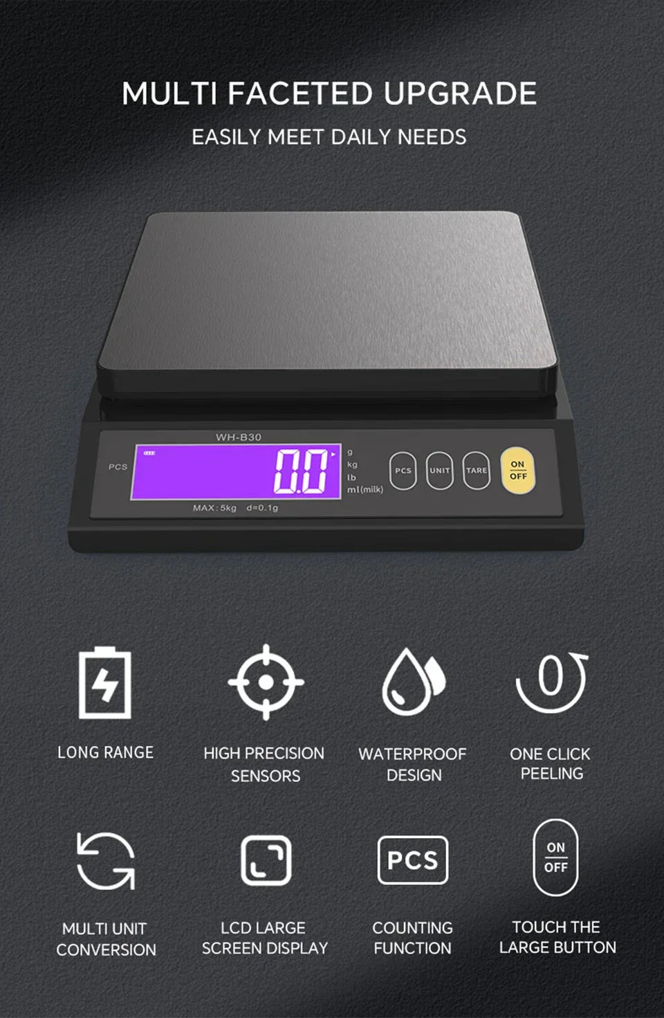 Skanto | 5 kg/0,1 g en 10 kg/1 g digitale elektronische keukenweegschaal, LCD-scherm, volledig waterdicht roestvrijstalen gereedschap voor bakken