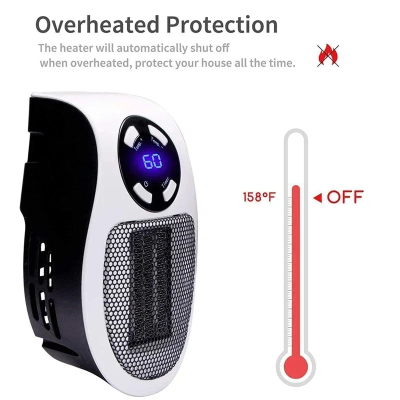 ThermoEase 350W Compacte Verwarming | Muurcontact verwarming met afstandsbediening | LED-display & Timer | 180° draaibare stekker