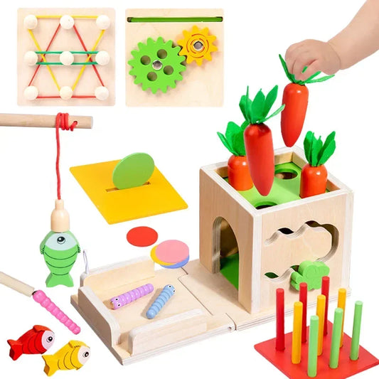Montessori Luxe Wortel Sorteerset | Boeiend 8-in-1 houten vorm sorteer- en matchspel voor kinderen ouder dan 1 jaar, bevorderend voor cognitieve ontwikkeling en fijne motoriek.