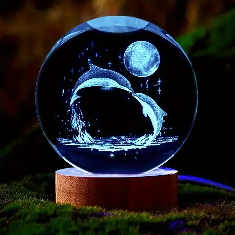 Mariluna Kristallen Bol Dolfijn | 3D-Lasergravure & LED-Basis | Maan- & Zee-motief
