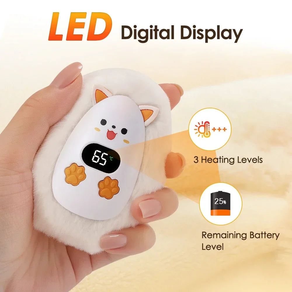 Furrio Elektrische Handwarmer Vos | Oplaadbaar 1200 mAh | 3 Warmte-niveaus & Digitale Weergave | Pluche Oppervlak | USB Type-C | Draagbaar voor Winter & Kantoor