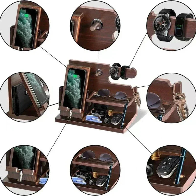 Skanto | Houten Nachtkastje Telefoon Dockingstation – Multifunctioneel Rek voor Portemonnee, Horloge en Opslag, Ideaal voor Valentijnsdag