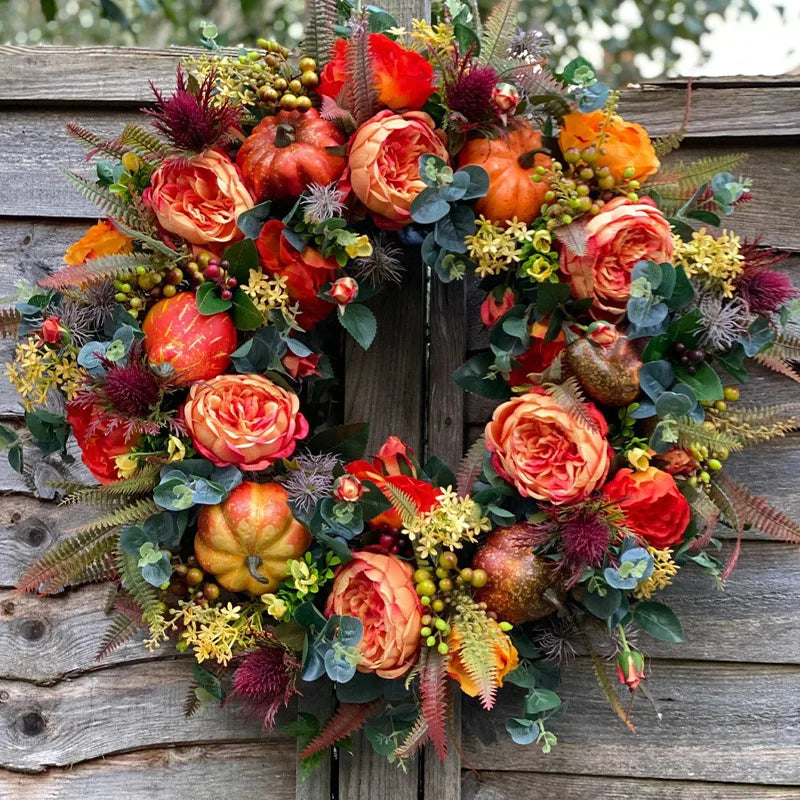 Autumna Charm Herfst Deurkrans | Pompoen & Riet | 40 cm | Handgemaakte Decoratie voor Herfst & Thanksgiving
