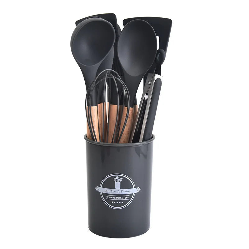 Set Keukengerei Culinora van Siliconen | Hittebestendig tot 230 °C | 12 stuks met Houten Handvatten | Garde, Spatel, Tang en meer