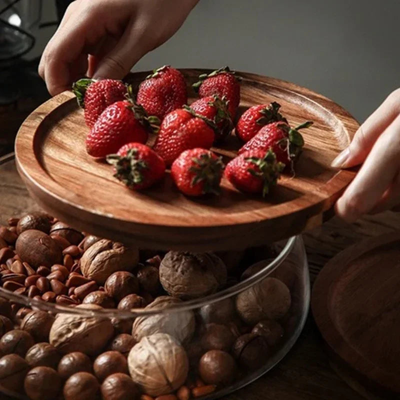 AcaciaCharm | Verfijnde glazen schaal met natuurlijk houten deksel voor gedroogd fruit en snoepgoed