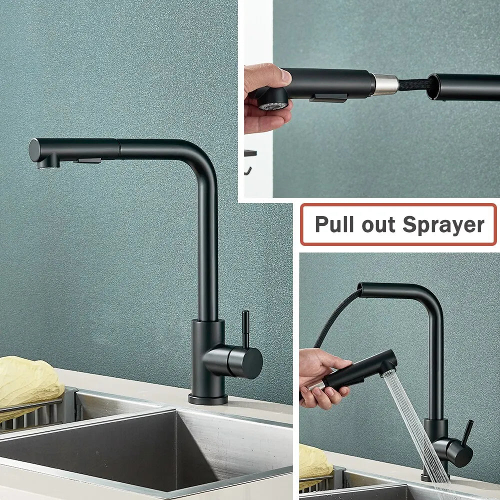 Skanto | Zwart uittrekbare keukenkranen - Flexibele 2-modus straal- en spraydouche, roestvrijstalen warm-koud watermengkraan