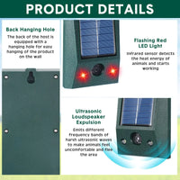 SolarGuardix Ultrasone Vogelverjager Solar | Met LED & Bewegingssensor | Waterdicht IP58 | 600 m² Dekking