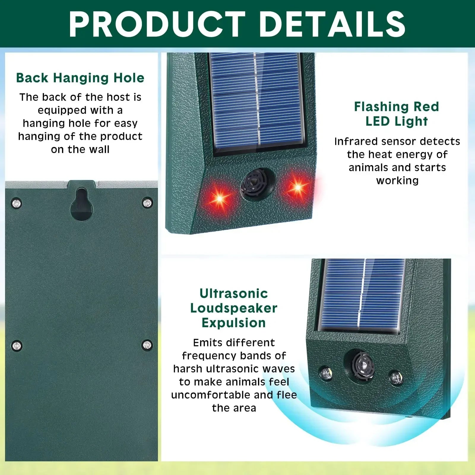 SolarGuardix Ultrasone Vogelverjager Solar | Met LED & Bewegingssensor | Waterdicht IP58 | 600 m² Dekking