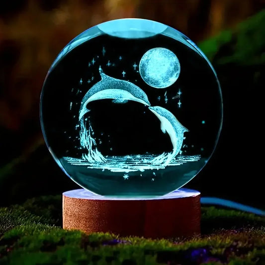 Mariluna Kristallen Bol Dolfijn | 3D-Lasergravure & LED-Basis | Maan- & Zee-motief