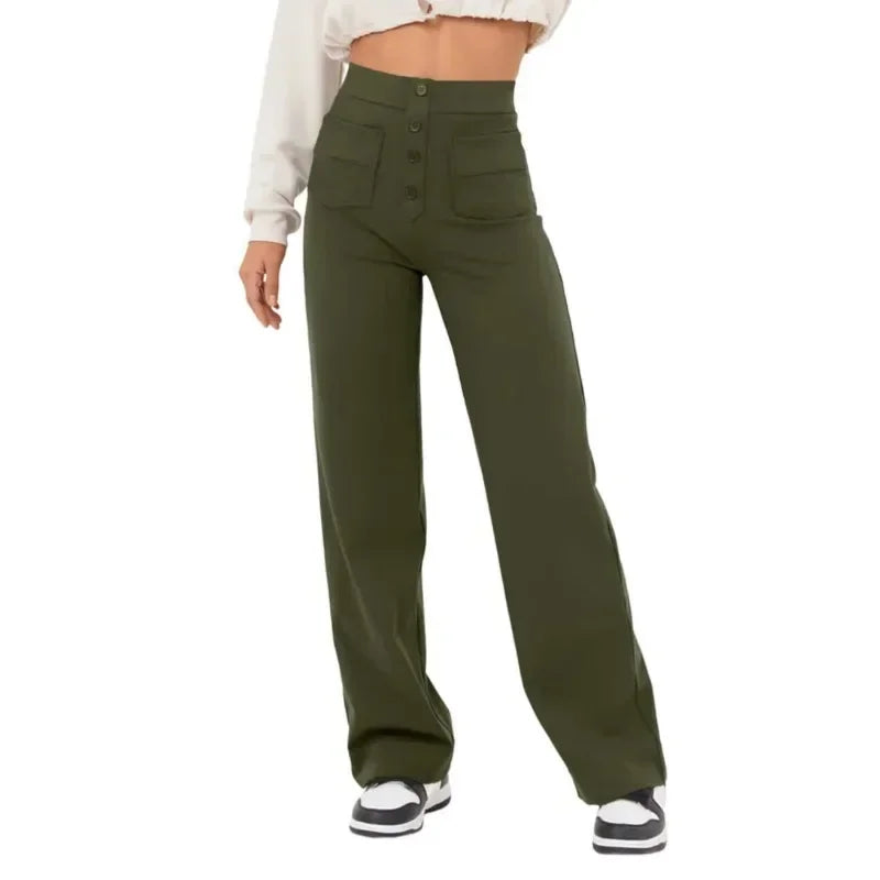 LuxeFit Chic Hoge Taille Casual Broek | Moeiteloos stijlvolle losse broek met elastische tailleband en functionele zakken voor ultiem comfort en veelzijdigheid in streetwear.