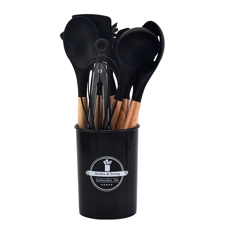 Set Keukengerei Culinora van Siliconen | Hittebestendig tot 230 °C | 12 stuks met Houten Handvatten | Garde, Spatel, Tang en meer