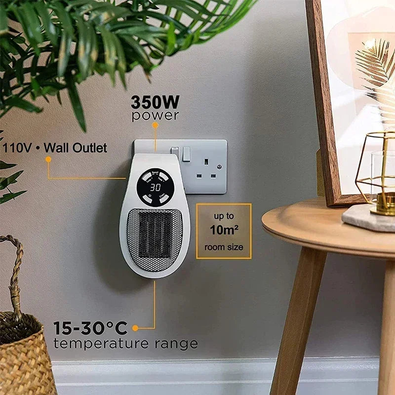 ThermoEase 350W Compacte Verwarming | Muurcontact verwarming met afstandsbediening | LED-display & Timer | 180° draaibare stekker