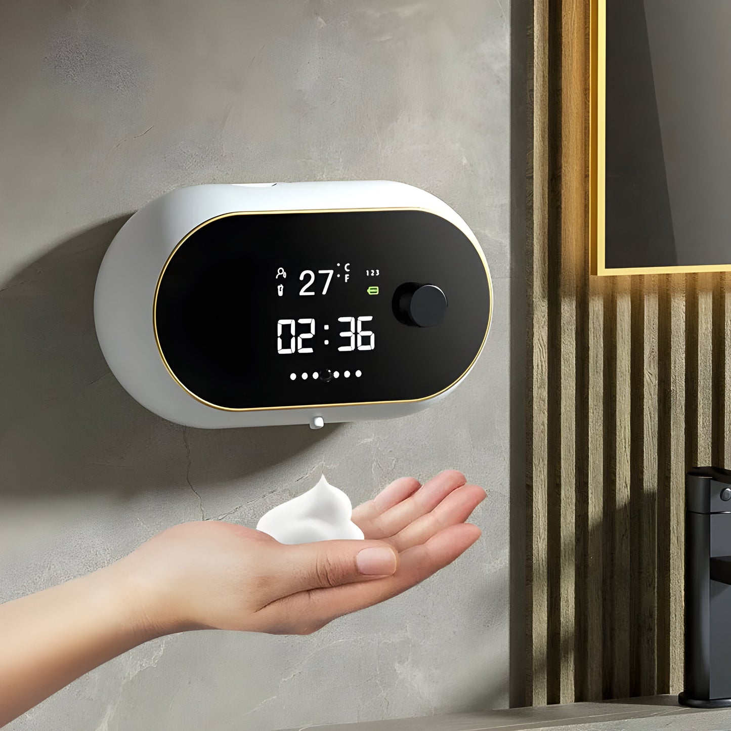 LuxuraWave Slimme Schuimzeepdispenser | Verfijnde dispenser met tijd- en temperatuurweergave voor een verbeterde handwaservaring