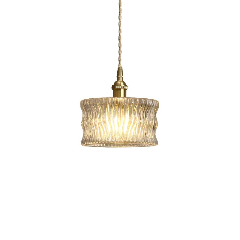Vintage glazen hanglamp met gestreepte kap en gouden afwerking