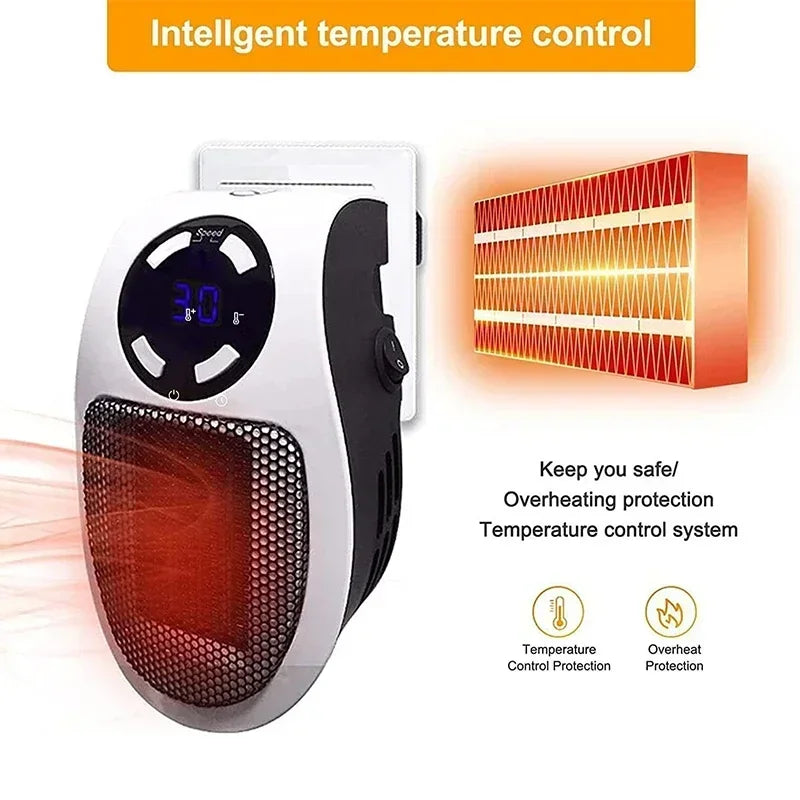 ThermoEase 350W Compacte Verwarming | Muurcontact verwarming met afstandsbediening | LED-display & Timer | 180° draaibare stekker