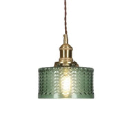 Vintage glazen hanglamp met gestreepte kap en gouden afwerking