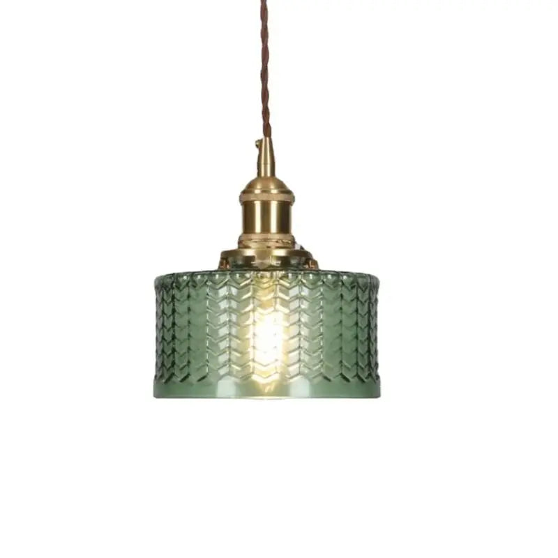 Vintage glazen hanglamp met gestreepte kap en gouden afwerking