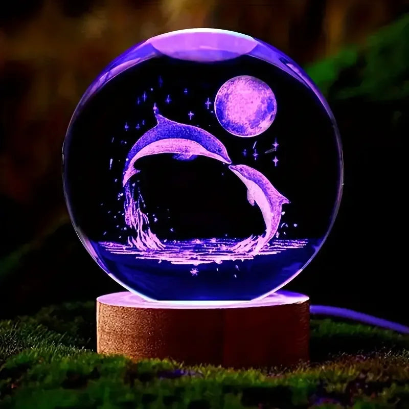 Mariluna Kristallen Bol Dolfijn | 3D-Lasergravure & LED-Basis | Maan- & Zee-motief