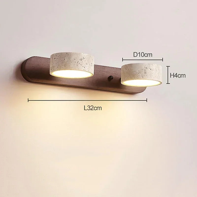Moderne LED wandlamp met draaibare lampenkappen van steen en houten basis