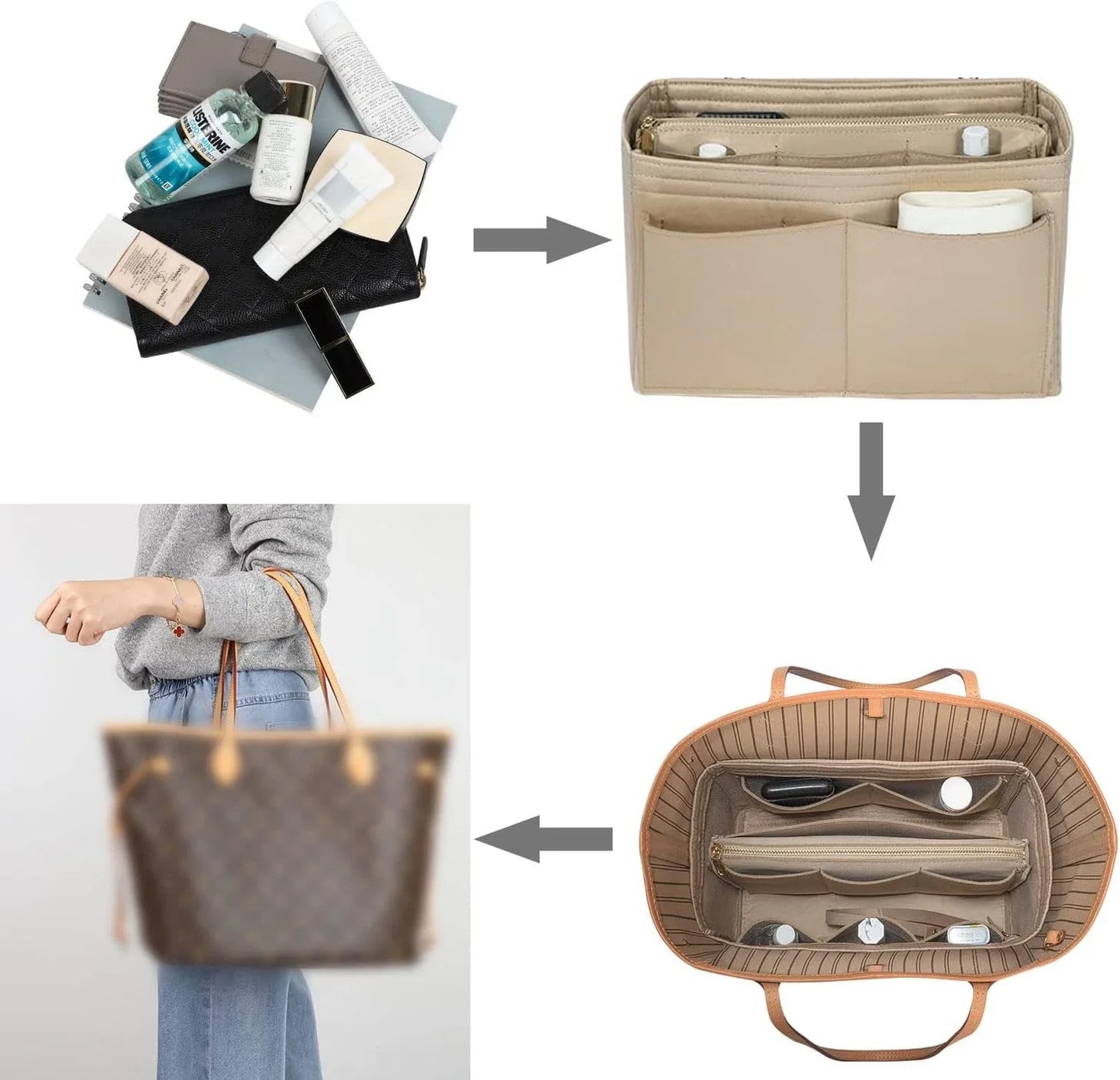 TaschenLuxe Organizer Inlay | Vilt-inzet met rits | 15 vakken & sleutelhanger | Voor handtassen & shoppers