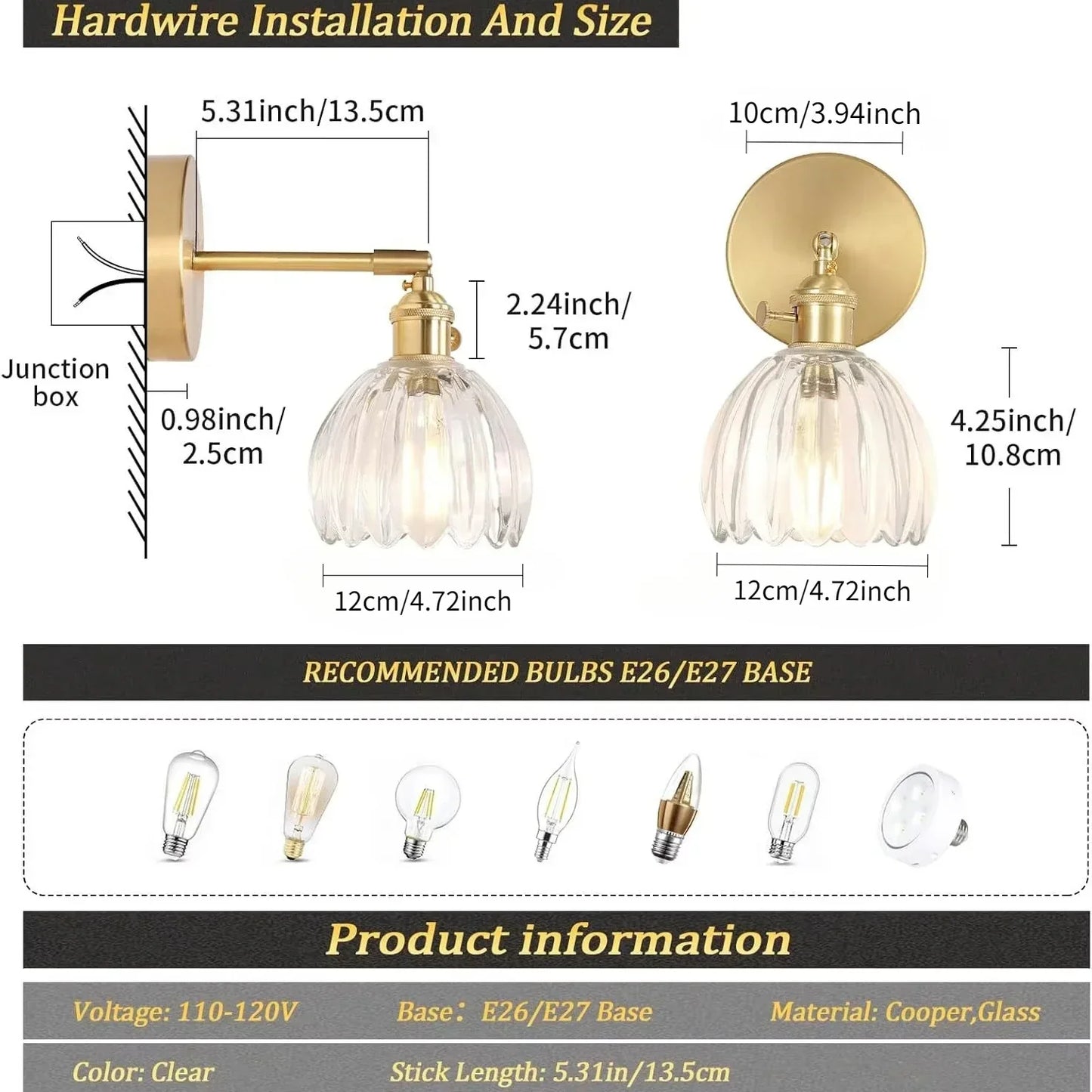 Retro wandlamp in de vorm van een tulp bloem – wandlamp met glazen kap en gouden afwerking