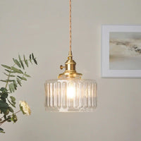 Vintage glazen hanglamp met gestreepte kap en gouden afwerking
