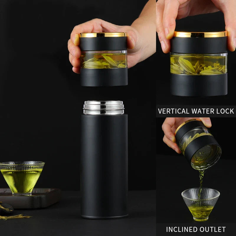 ThermoBrew | Isolerende fles met LED-temperatuurweergave & theefilter | 450 ml | Roestvrij staal 304 | Zwart