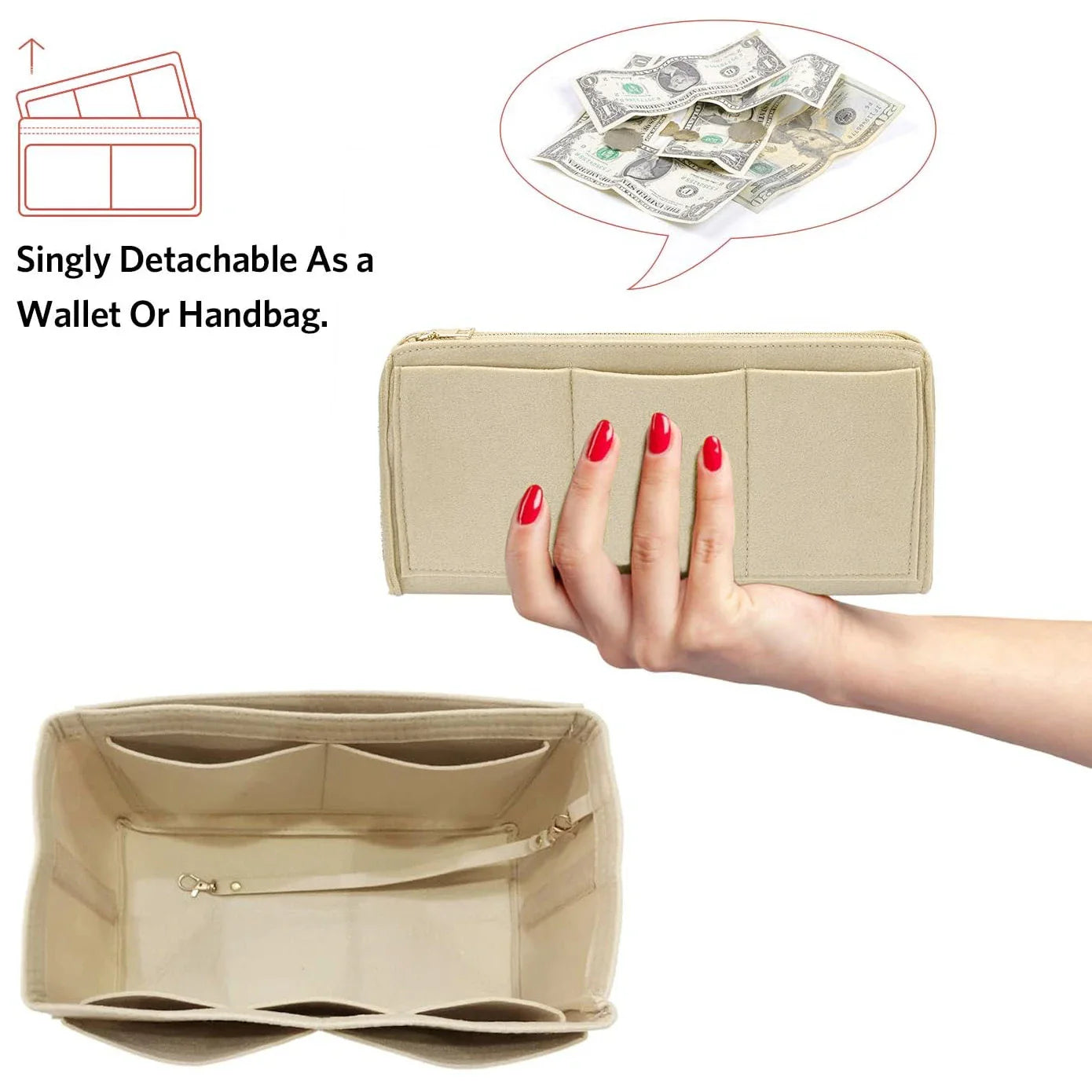 TaschenLuxe Organizer Inlay | Vilt-inzet met rits | 15 vakken & sleutelhanger | Voor handtassen & shoppers