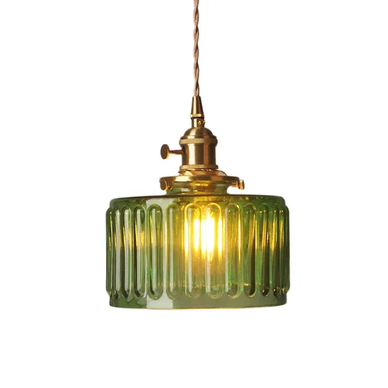 Vintage glazen hanglamp met gestreepte kap en gouden afwerking
