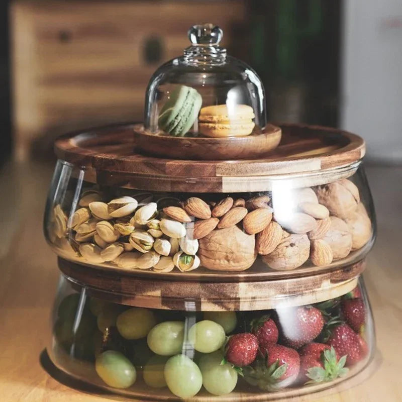 AcaciaCharm | Verfijnde glazen schaal met natuurlijk houten deksel voor gedroogd fruit en snoepgoed