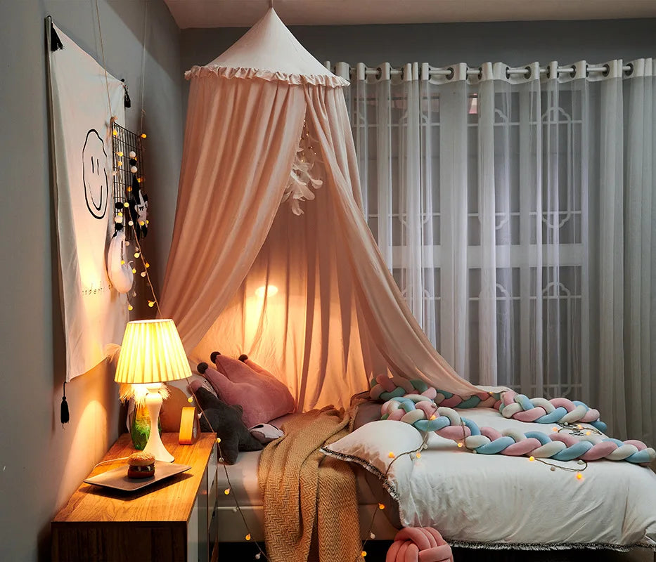 LumaNest Kinderbedtent Met Kwastjes In Wit Roze Grijs