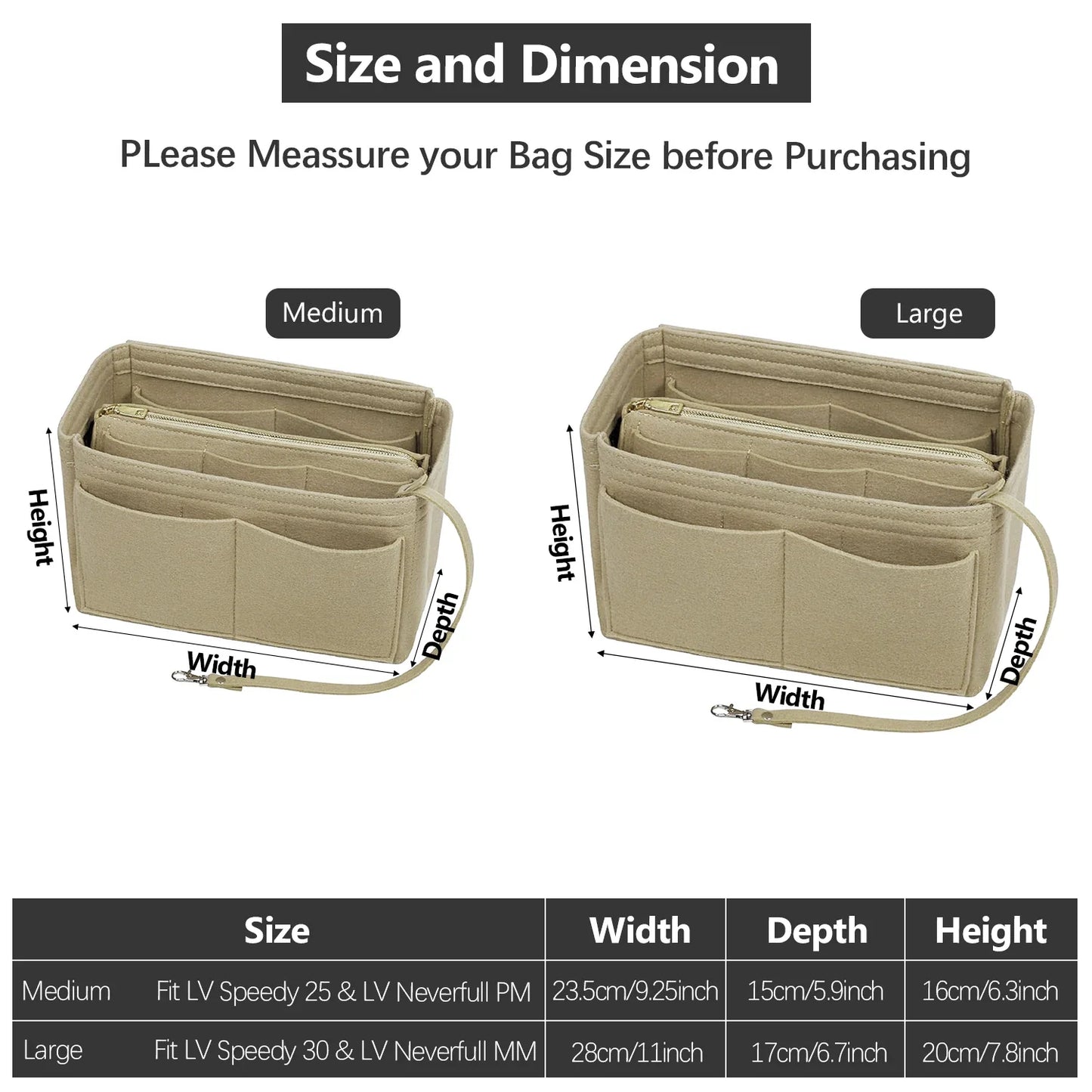 TaschenLuxe Organizer Inlay | Vilt-inzet met rits | 15 vakken & sleutelhanger | Voor handtassen & shoppers
