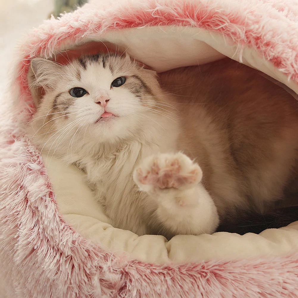 PurrLux Pluizig Kattenbed met Capuchon | Warm en zacht pluche kattennest voor ultieme ontspanning en comfort voor kleine en middelgrote huisdieren