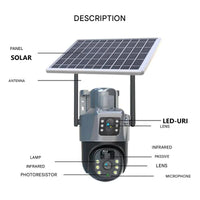 Zonne-energie Beveiligingscamera Dubbel-Lens | 10x Zoom 360° PTZ | 12.000 mAh IP66 4G WLAN | Vigiora