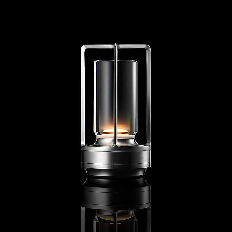 Draadloze tafellamp met touchdimmer en cilindrische lampenkap met open frame