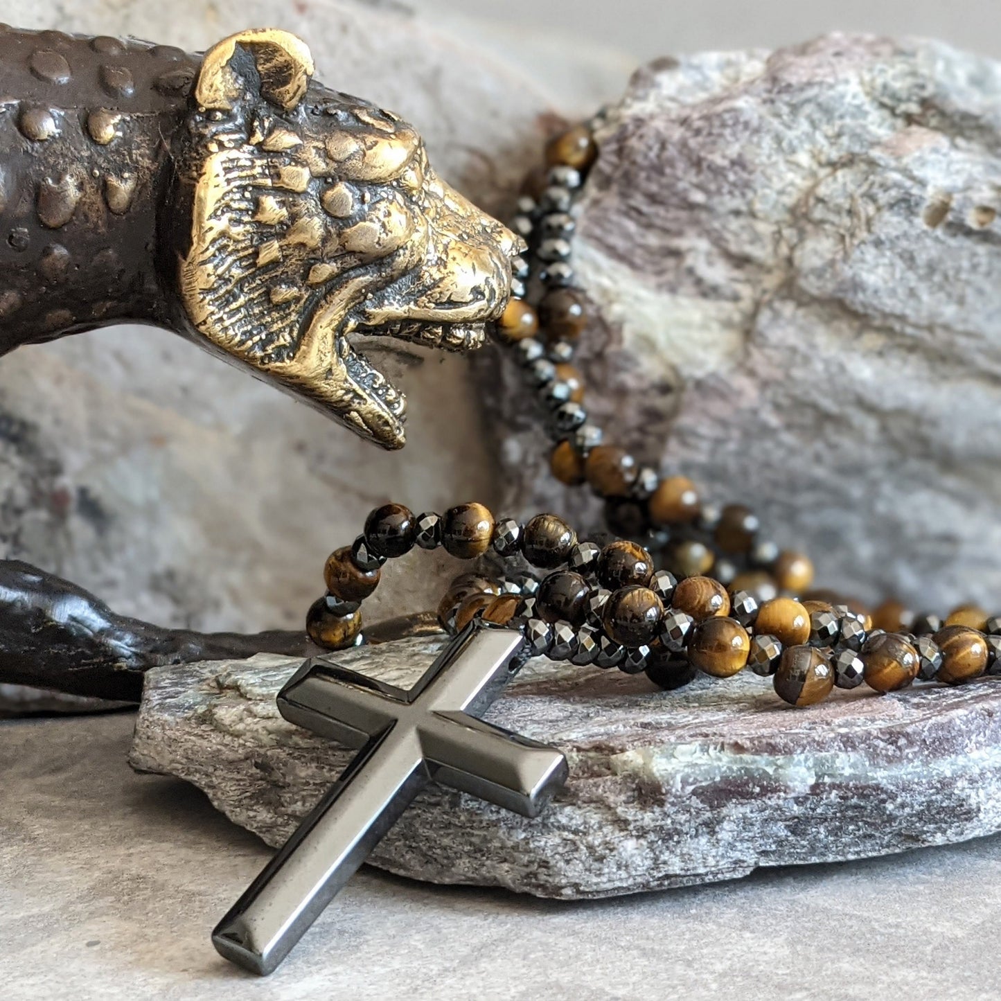 AstraVea Heren Rozenkrans Ketting Met Tijgeroog Kralen En Lapis Lazuli