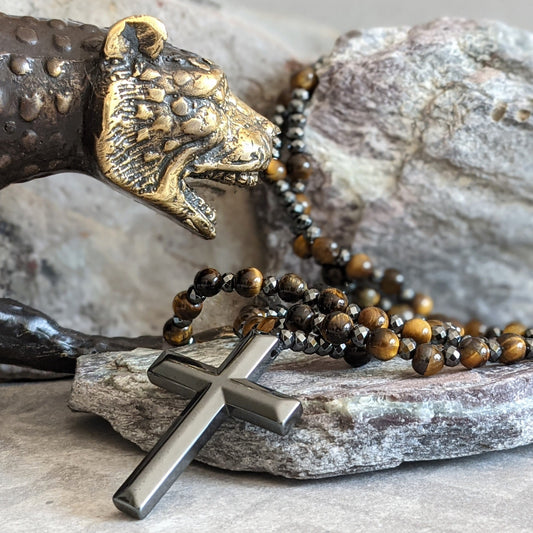 AstraVea Heren Rozenkrans Ketting Met Tijgeroog Kralen En Lapis Lazuli