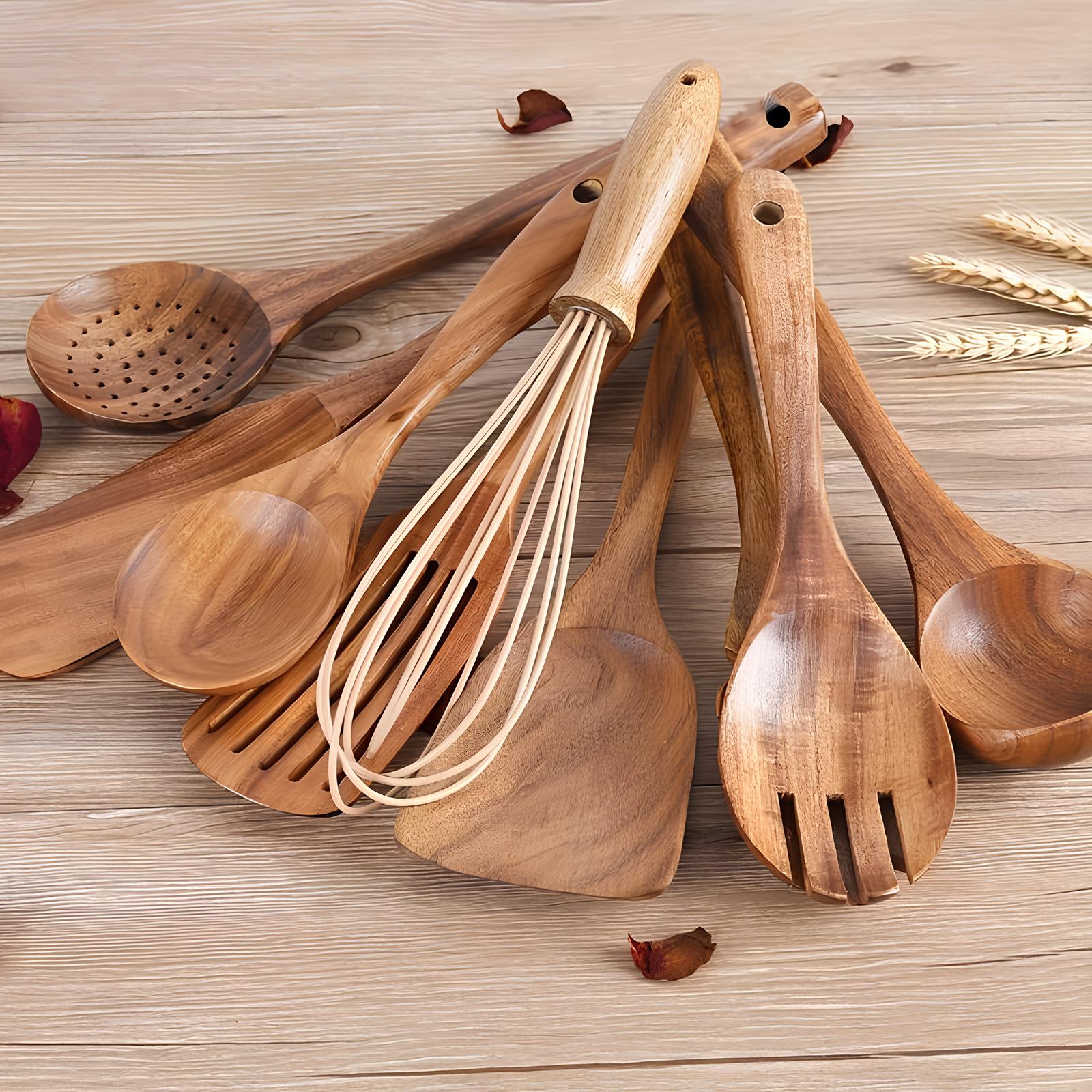 Skanto | 11-delig Teakhouten Keukenhulpmiddelen Set | Met Houder | Natuurlijke Hout